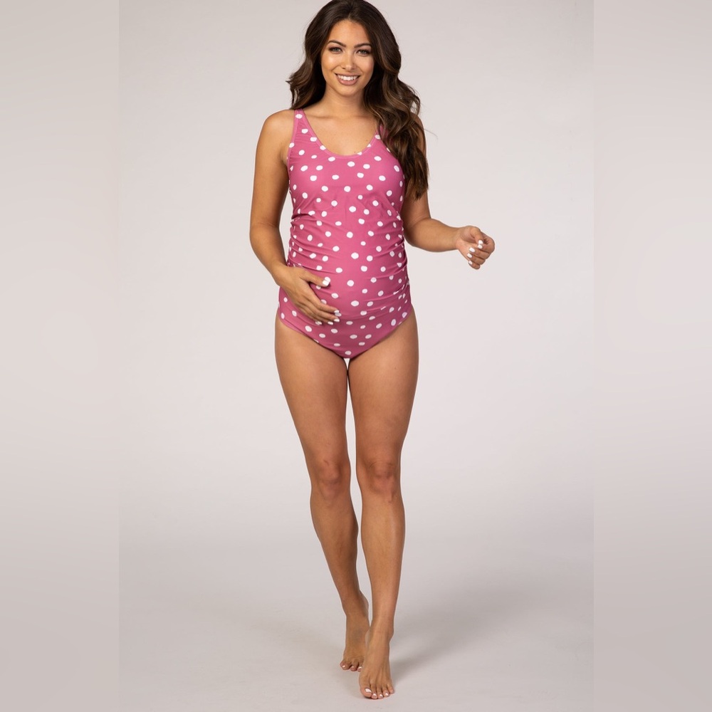 ◾️Pink Blush Pink Polka Dot One Piece Swimsuit With Ruched Sides - Picture 6 of 12